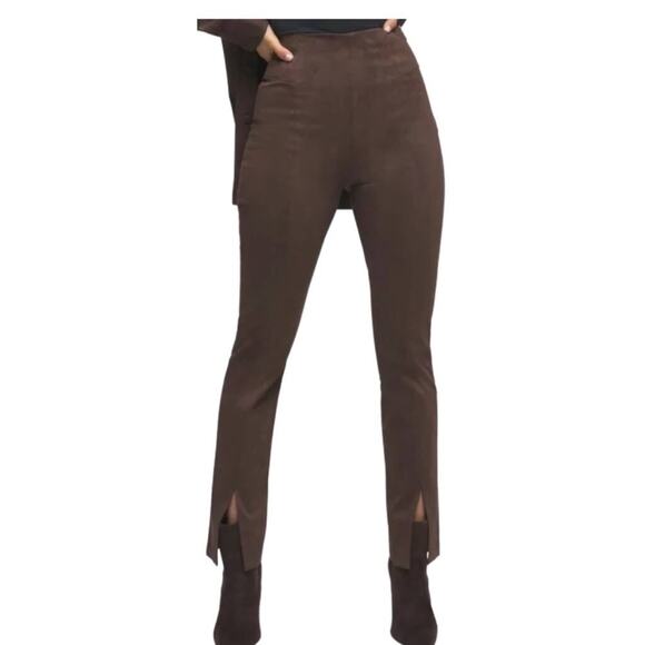 Good American Chocolate Brown Faux Suede Pant Size 8 Boss Split Hem Straight Leg - Picture 2 of 16